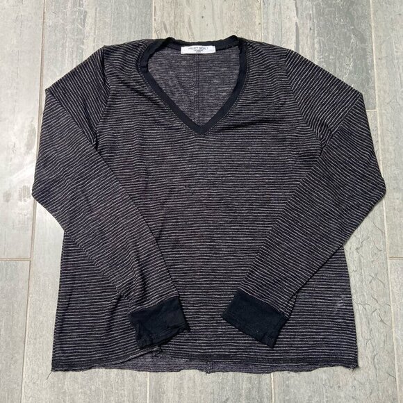 Project Social T Urban Outfitters Striped V Neck Long Sleeve Tee Shirt Black Med - Picture 1 of 7